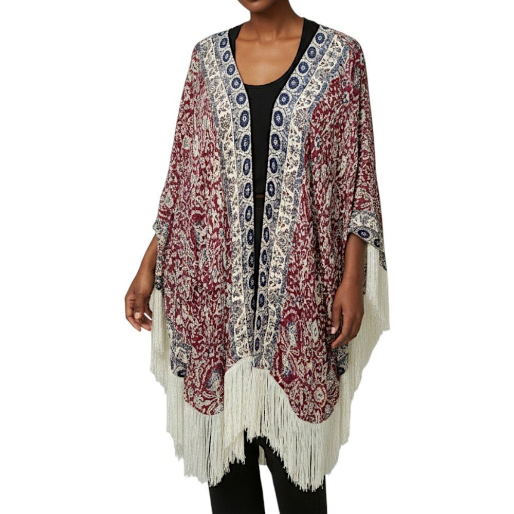 Idyllwind Western Boho Print Kimono with White String Fringe Women's Size XL
